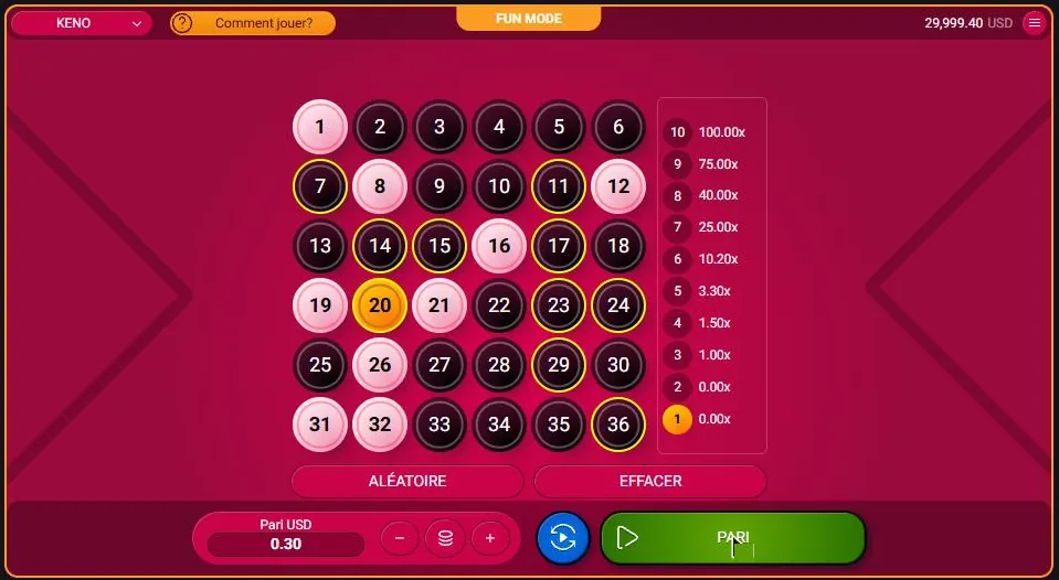 Grille du keno en ligne de Spribe avec les numéros de 1 à 36, jeu accessible en Côte d'Ivoire