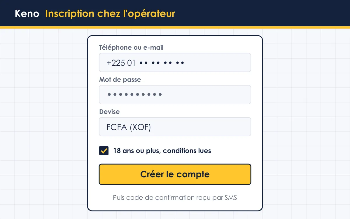 Écran de connexion chez un opérateur pour jouer au keno en Côte d'Ivoire