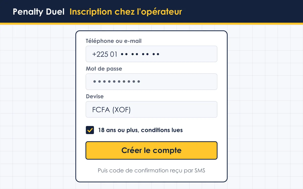 Écran de connexion d'un opérateur pour jouer à Penalty Duel en Côte d'Ivoire